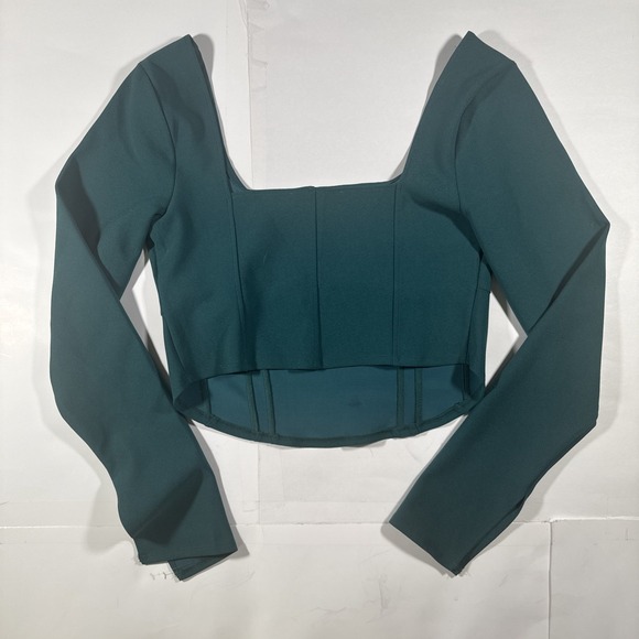 New Abercrombie & Fitch Womens Green Corset Long Sleeve Crop Top Square Neck L - Picture 6 of 6